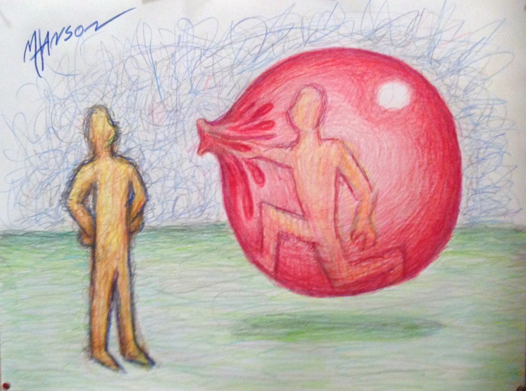 A person trying to free themselves of a role colored bubble